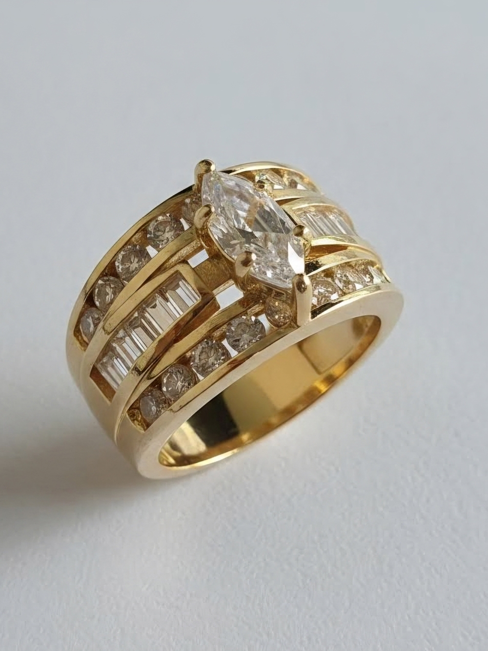 Gold Marquise CZ Multi-Row Statement Ring. Sz 8